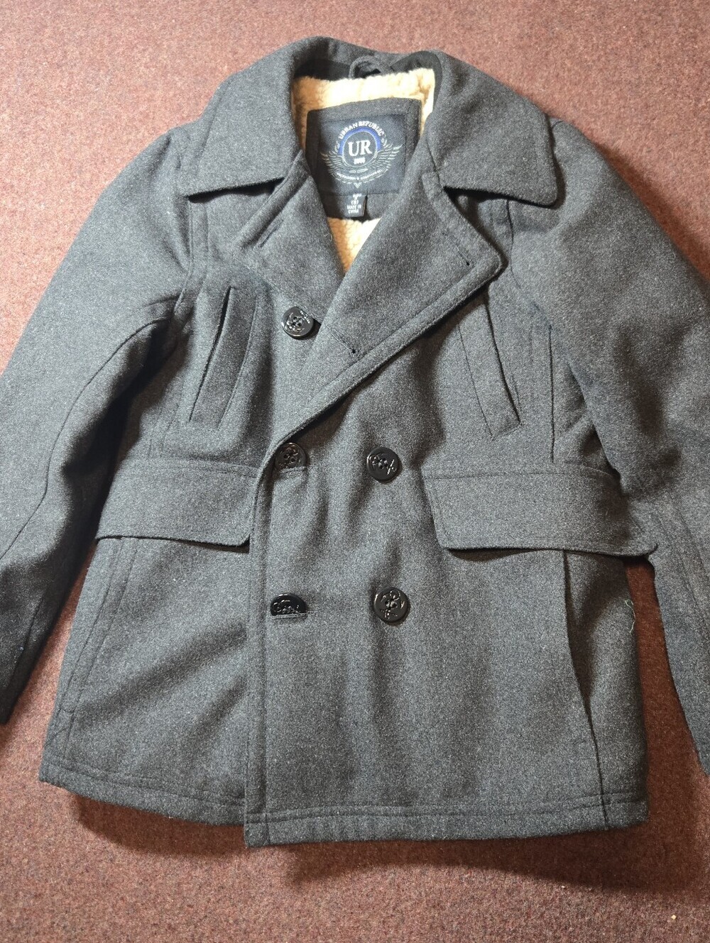Urban Republic Boys Peacoat Sherpa Lined Size Small 8 Gray Buttons Warm Winter